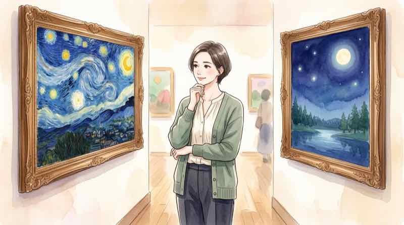 ゴッホの星月夜2作品を見比べる知的な女性のイラスト