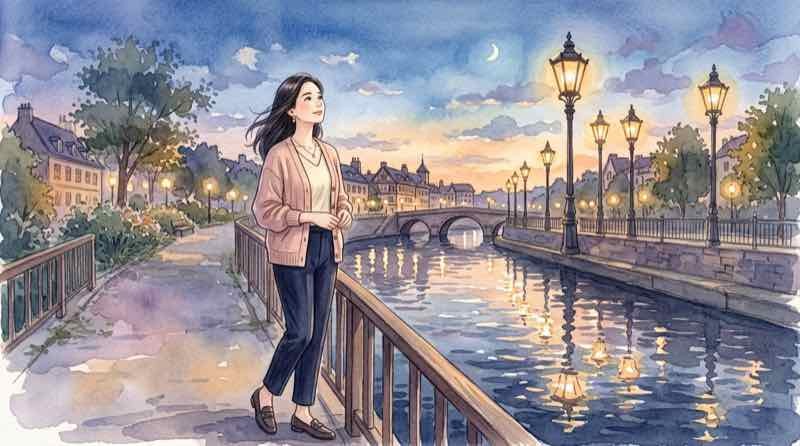 ローヌ川のほとりに立ちゴッホの絵を思い浮かべる女性のイラスト