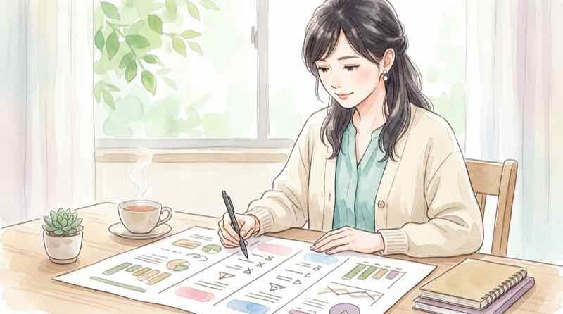 ゴッホの星月夜2作品の比較表を確認する知的な女性のイラスト