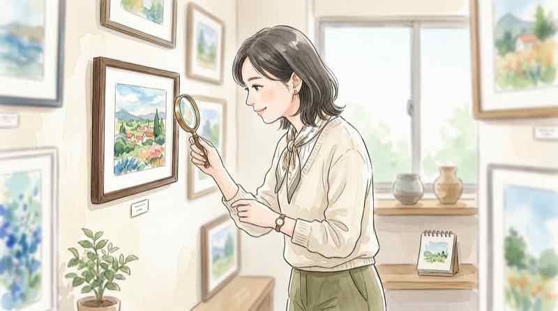 ゴッホの星月夜2作品を並べて見比べる知的な女性のイラスト