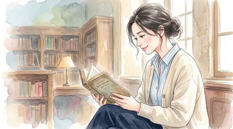 ゴッホの2つの星月夜の原題を見比べる知的な女性のイラスト
