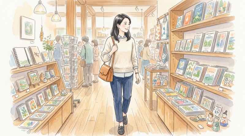 美術館帰りに似合うバッグを選ぶ知的な女性のイラスト