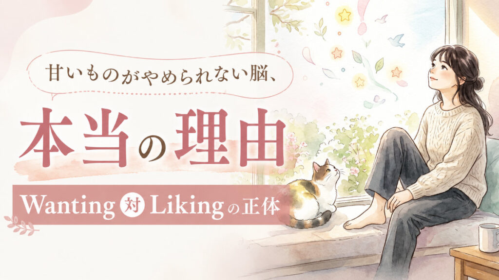 甘いものへの欲求と脳の仕組みを見つめる知的な女性のイラスト