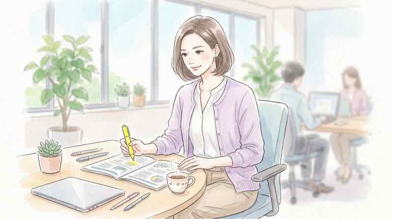 経営資料を確認する落ち着いた雰囲気の女性