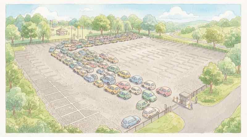 イベント 駐車場 渋滞対策の考え方を示す出庫待ちの車列のイラスト