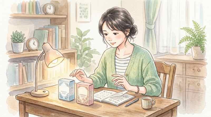 マンジャロとゼップバウンドの薬箱を見比べる女性のイラスト