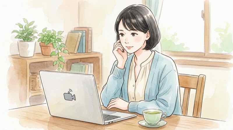自由診療と保険診療の違いをオンライン診療の画面越しに確認する女性のイラスト