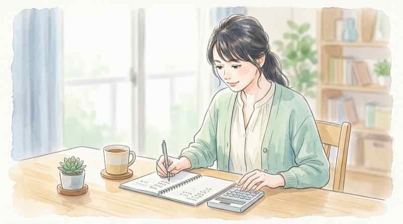 電卓とノートで保険診療と自由診療の費用差を試算する女性のイラスト