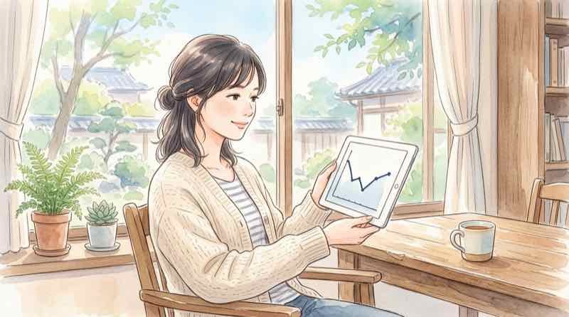 投薬中止後の体重変化のグラフを見つめる女性のイラスト