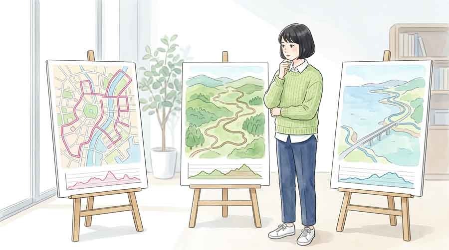 大学三大駅伝の資料を整理して見比べる知的な女性のイラスト