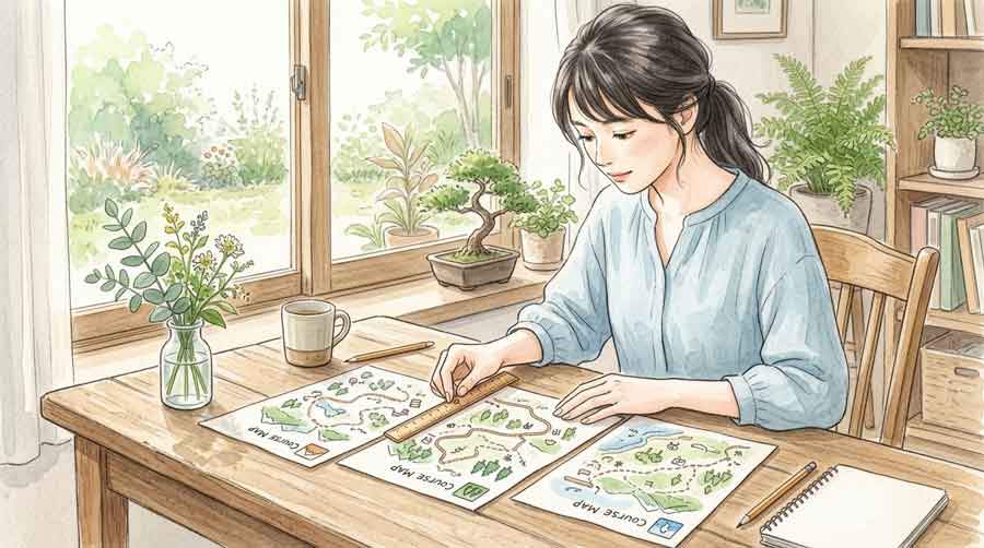 三大駅伝それぞれのコース地図を並べて確認する様子のイラスト