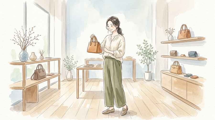 上品なバッグを選ぶ知的な女性のイラスト