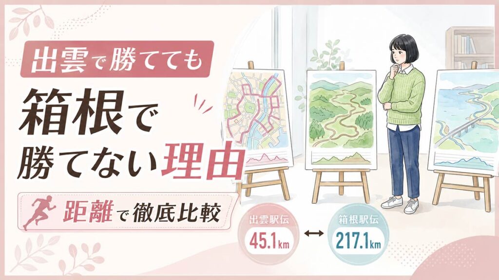 大学三大駅伝の資料を整理して見比べる知的な女性のイラスト