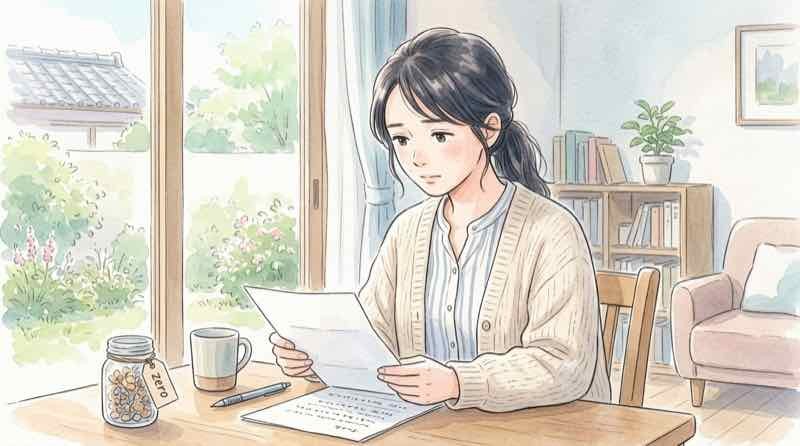 振替口座は無利息という説明資料を読み込むまるノートの女性