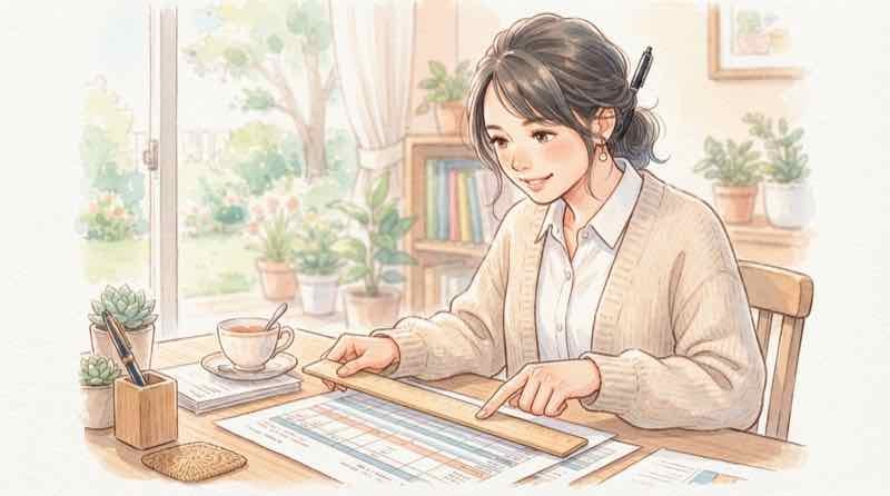 注文住宅5000万円が建物価格か総額かを費用項目の表で見比べる女性のイラスト