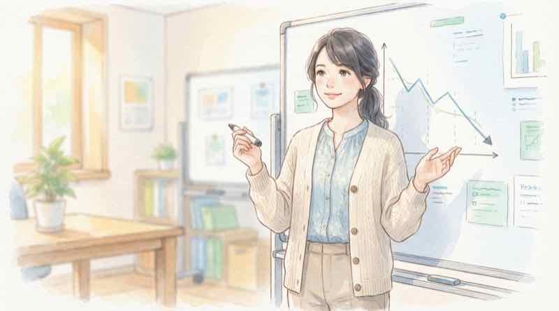 新設住宅着工戸数の減少と建築費上昇を折れ線グラフで確認する女性のイラスト