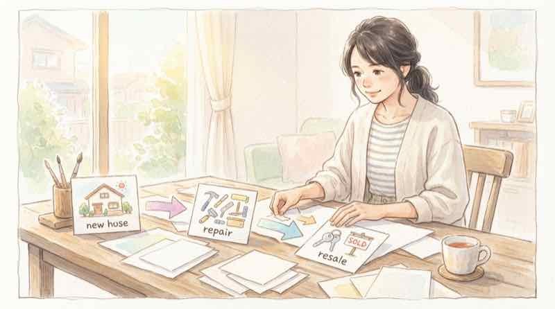 新築から中古住宅とリフォームへ住宅ストック事業が広がる流れを描いたイラスト