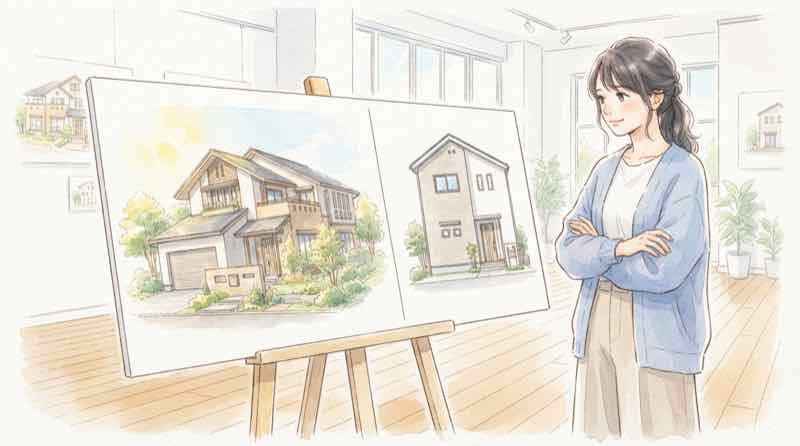 注文住宅市場が高価格の自由設計と規格・中古に二極化していく様子を描いたイラスト