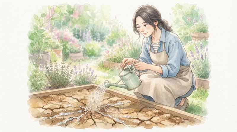 長い乾燥でひび割れたグランドキャニオンの地表を、しみ込まずにすべっていく雨水