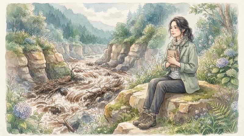 茶色く濁り、岩や流木を巻き込みながら峡谷を下っていく土砂まじりの激流