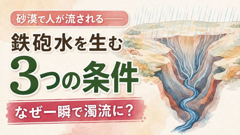 グランドキャニオン 鉄砲水の仕組みを資料で確かめる様子と、遠くに広がる峡谷