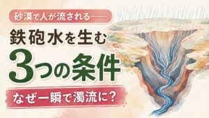 グランドキャニオン 鉄砲水の仕組みを資料で確かめる様子と、遠くに広がる峡谷