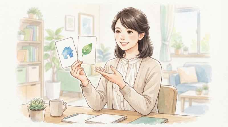 防災庁と消防庁の違いを解説するイメージ。2枚のカードを見比べながら説明する落ち着いた女性