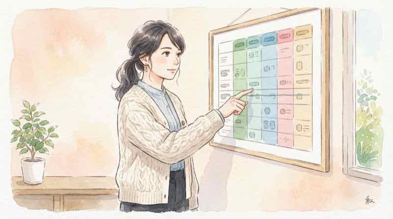 災害時の組織の役割分担を一覧で示すイメージ。大きな表を指し示しながら整理する女性