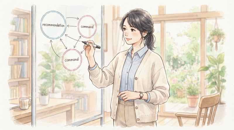勧告権と指揮権の違いを図で説明するイメージ。矢印を書き加えながら解説する女性