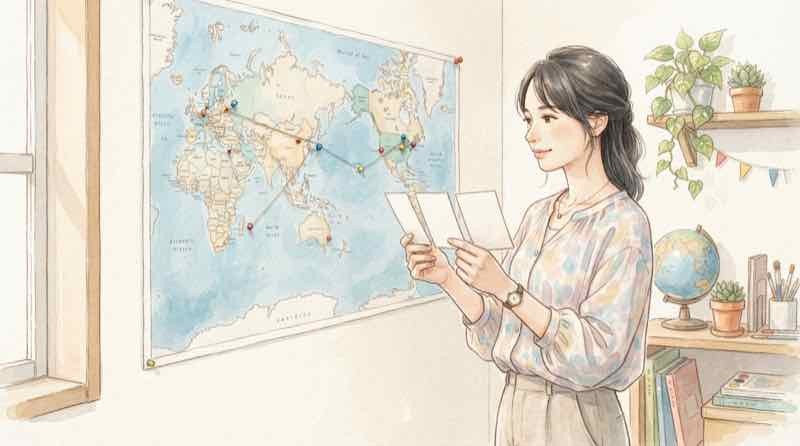 海外の防災組織と比較するイメージ。世界地図の前で各国の制度メモを並べる女性