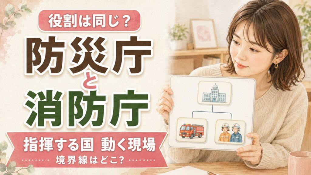 海外の防災組織と比較するイメージ。世界地図の前で各国の制度メモを並べる女性