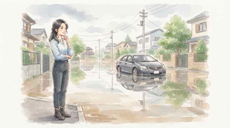 水没車のエンジンをかけてはいけない理由を説明する冠水後の車のイメージ