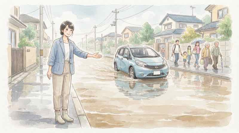 水没した車の前でエンジンをかけるか迷う人と冠水した道路