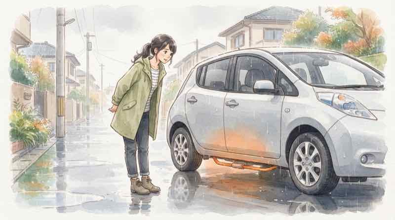 オレンジ色の高電圧配線に触れないよう示す電気自動車の水没注意
