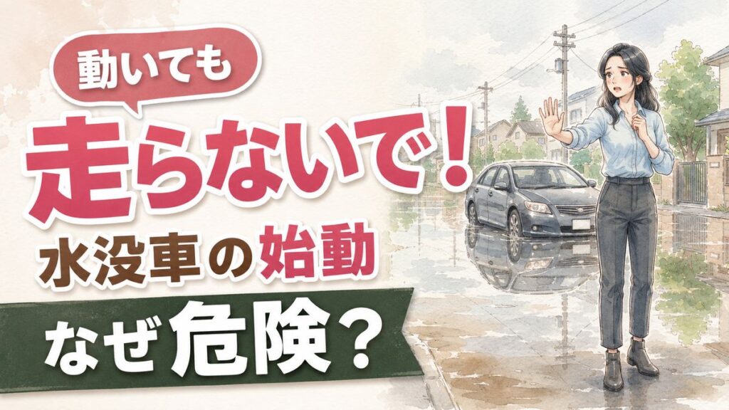 水没車のエンジンをかけてはいけない理由を説明する冠水後の車のイメージ
