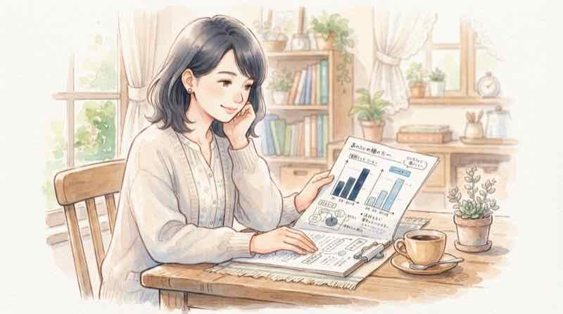 日本円と米ドルの金利差を資料で確認する落ち着いた雰囲気の女性