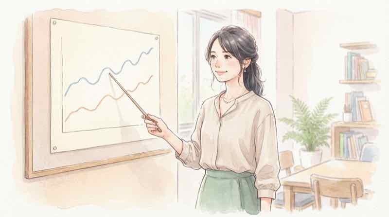 日米の政策金利の推移グラフを指し示して解説する女性