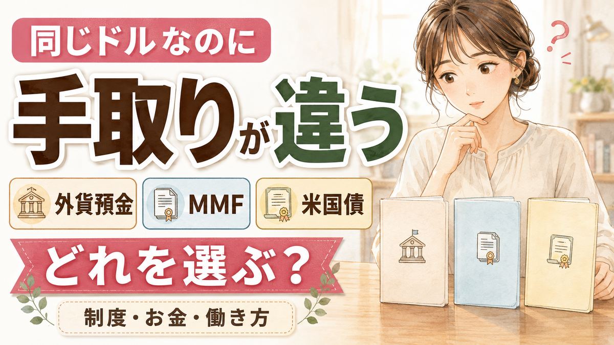 外貨預金と外貨MMFと米国債の違いを表で見比べて考える女性