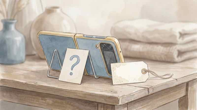 折りたたみiPhoneの登場が未確定であることを示す、開いた状態の端末イメージ
