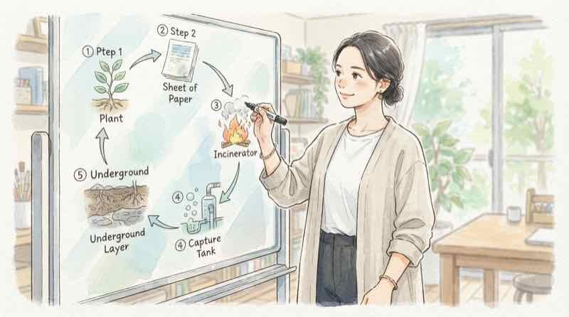 バイオマス由来CO2を回収して大気の総量を減らすBECCSの流れの図解