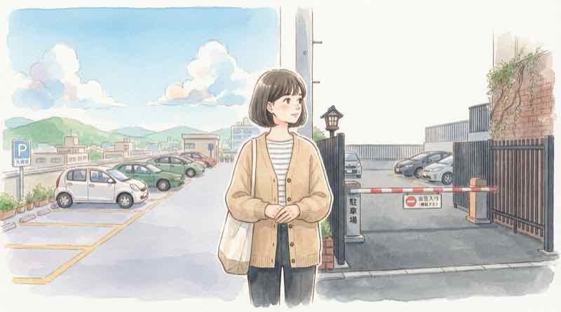 車両避難の協定がある立体駐車場とない駐車場を比べる女性