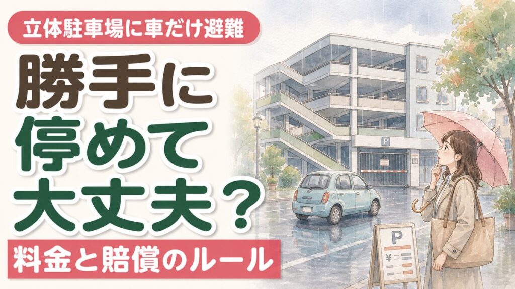 車両避難の協定がある立体駐車場とない駐車場を比べる女性