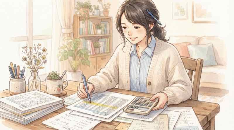 ソフトバンク社債を100万円買った場合の税引後利息を電卓と資料で試算する様子