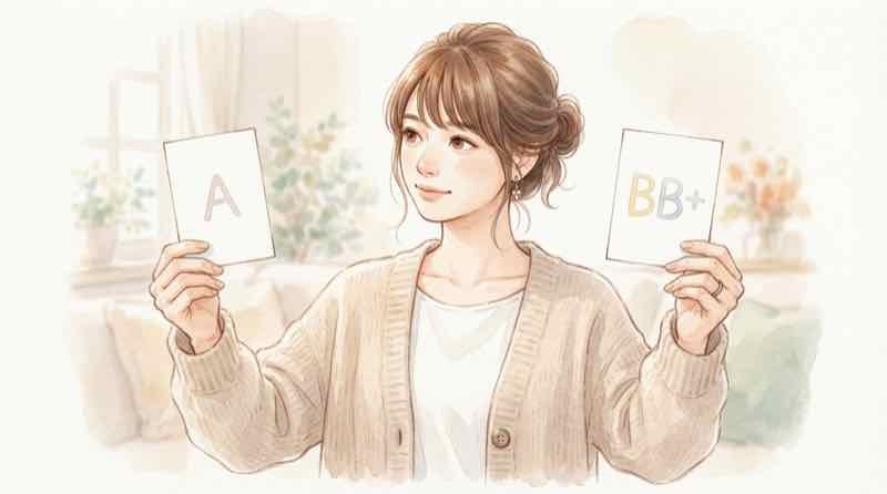 ソフトバンクグループの格付けがJCRのAとS&PのBB+で異なる理由を比べる女性のイラスト