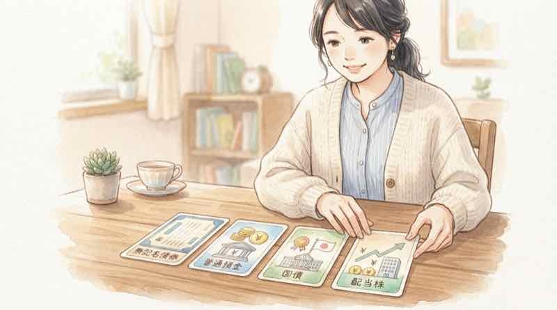 ソフトバンク社債と定期預金・個人向け国債・高配当株を比較表で見比べる女性のイラスト