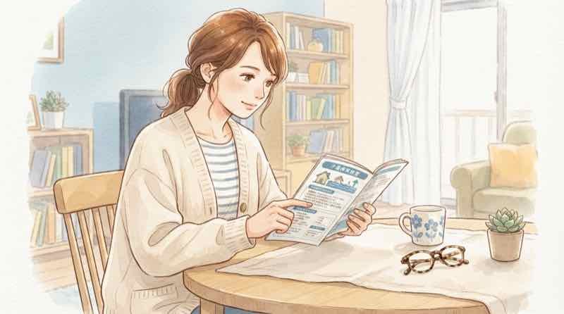 床下浸水と火災保険、保険証券を開いて水災補償の有無を確認する女性