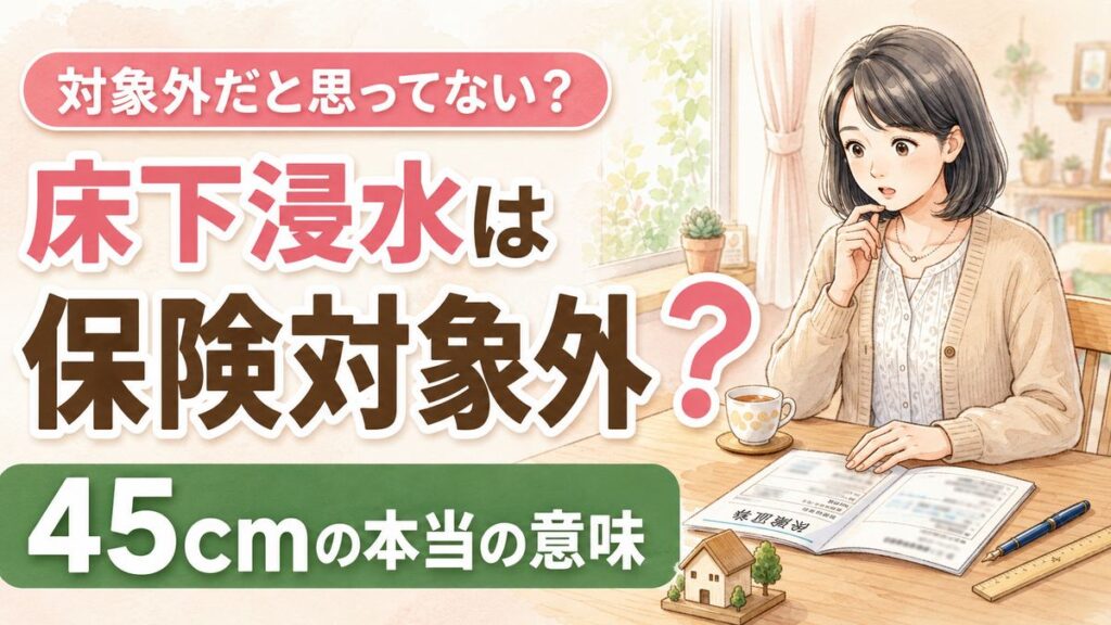 床下浸水は火災保険の対象になる？証券と45cmの数字を前に考える女性