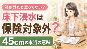 床下浸水は火災保険の対象になる？証券と45cmの数字を前に考える女性