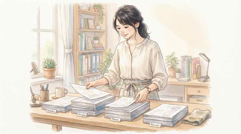 円高 何が安くなるのかを一覧で整理する、資料を広げて確認する女性のイラスト
