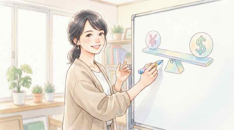円高とは何かを円安と比べて説明する、ホワイトボードに図を描く女性のイラスト